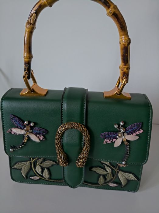Чанта Gucci в зелено с бродерия, бамбукова дръжка
