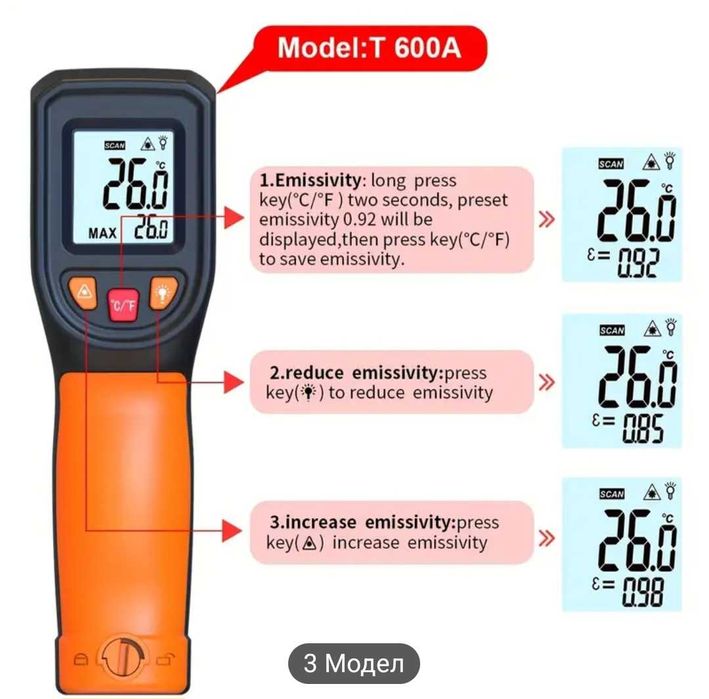 Цифров инфрачервен безконтактен термометър, от -50-600C, лазерна точка