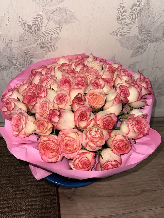 Розы 55 штук бело-розового цвета