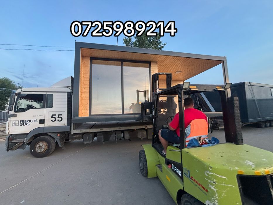 Container terasa modular cu lambriu lemn si sticla vitrina