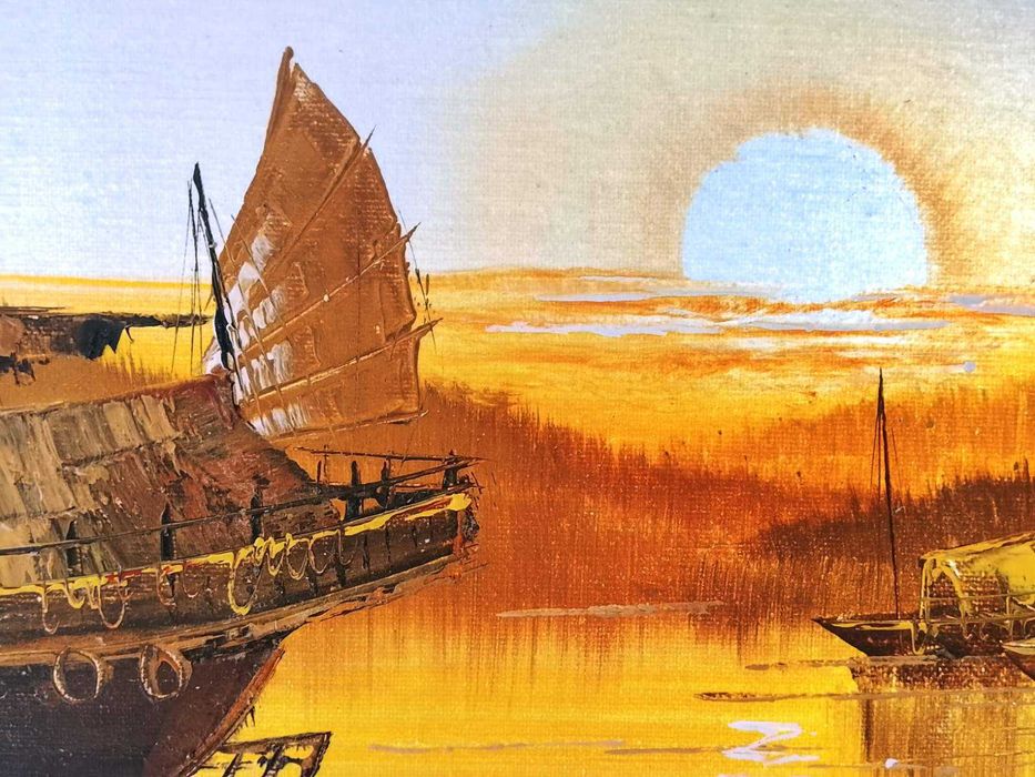 Винтидж маслена картина „Китайски джонки“ – худ. Chung.