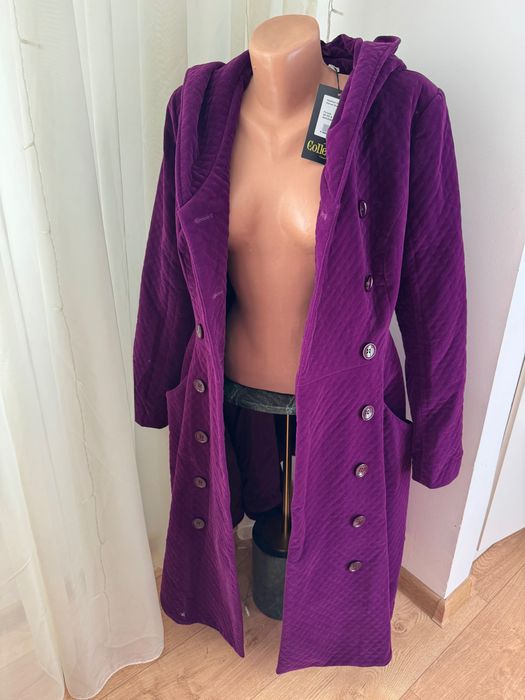 Palton mov cu glugă, matlasat, din catifea, model swing, Collectif XS
