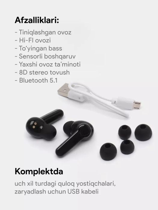 Simsiz quloqchinla M19 Powerbank bilan

- Chap va o'ng minigarniturala