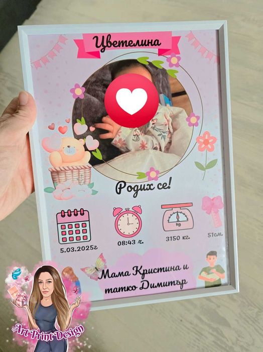 ~Бебешка Визитка с данни от раждането~ в Рамка~За момиче и момче ~