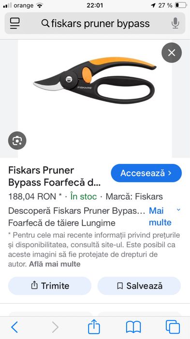 Foarfeca de Taiere Fiskars Pruner Bypass Lungime 20.1cm