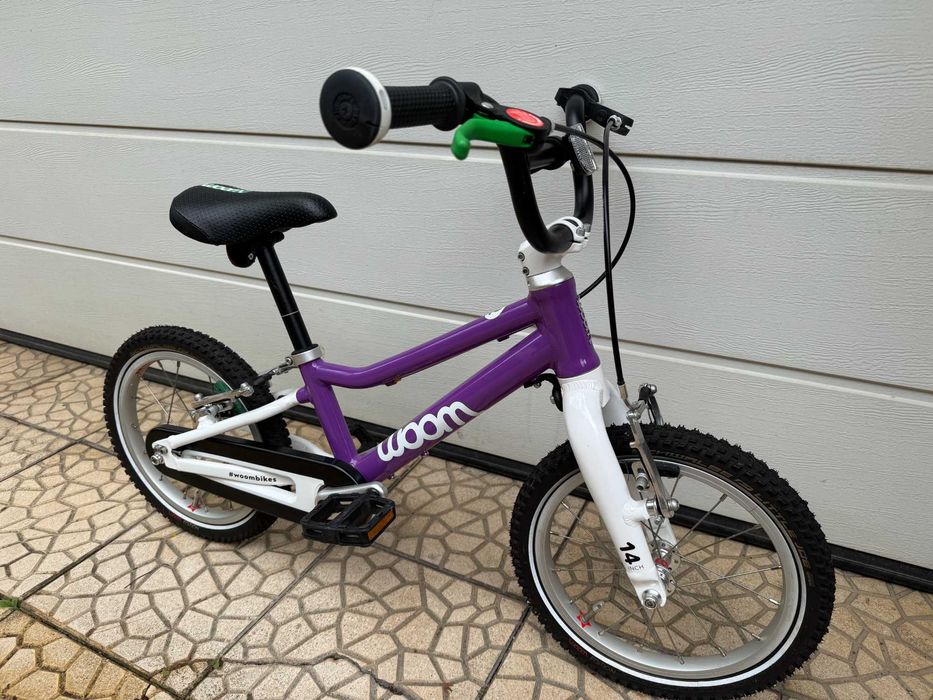Bicicleta copii Woom 2, roti 14" + bara de sustinere pentru invatare