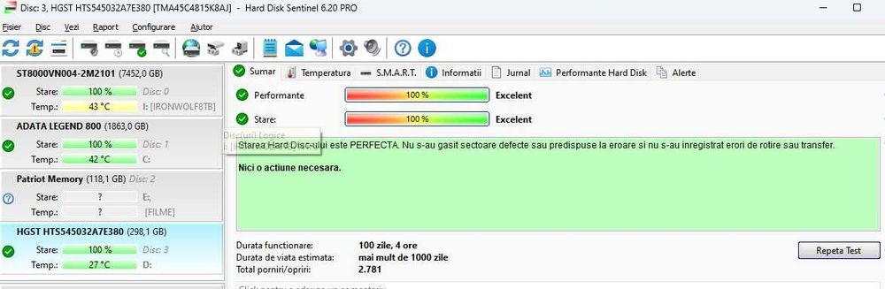 Hard disk laptop Hitachi 320 GB SATA 100% Sentinel. Impecabil!