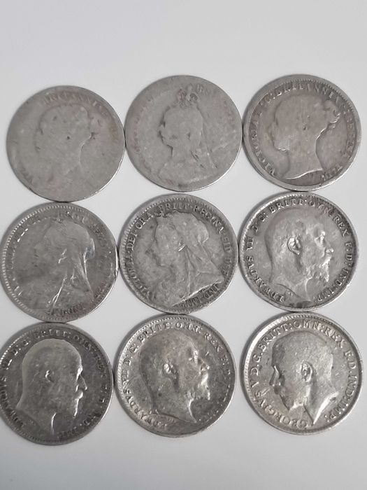 Lot 9 monede Anglia Marea Britanie 9x 3 pence 1894-1916 argint