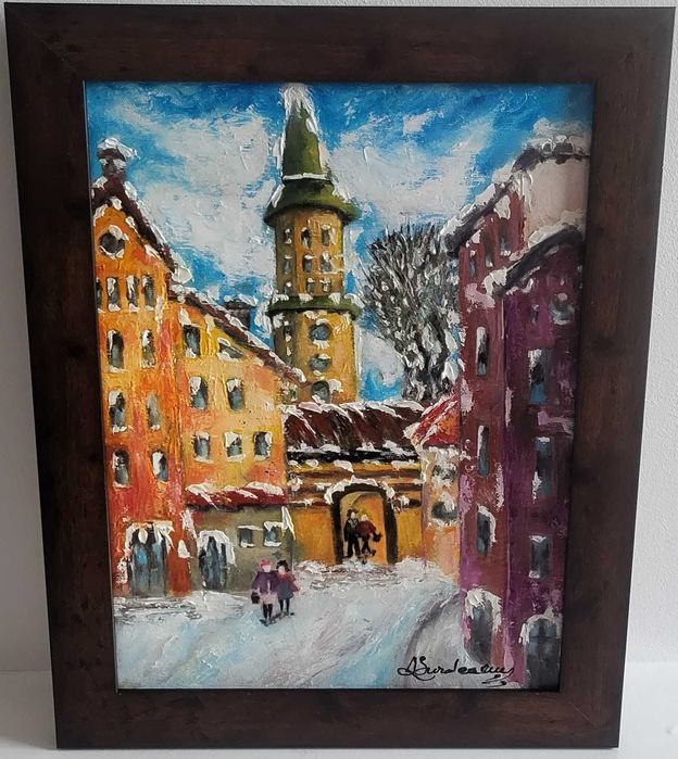 TABLOU ulei, nou -IARNA CITADINA- pictor roman consacrat