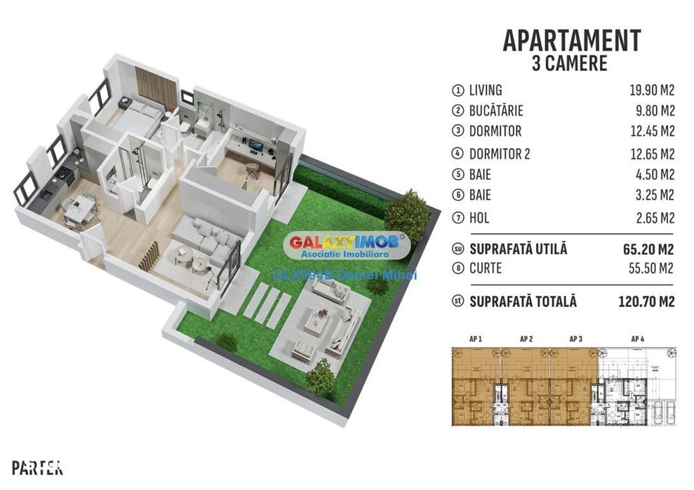 Apartament 3 camere\/2 bai-curte 55mp-Boxa-Prelungirea Ghencea