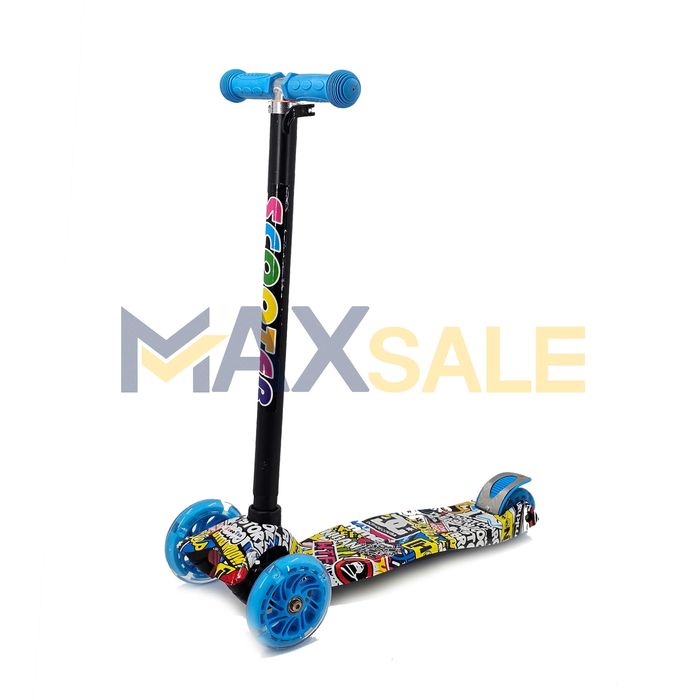 Детска тротинетка с 3 светещи колела синьо / многоцветна скутер колело