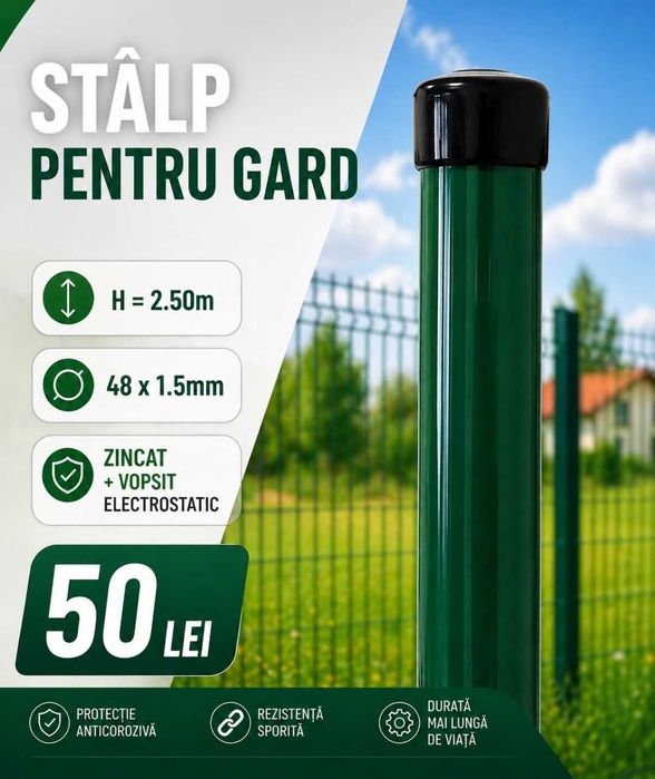 Stâlp gard metalic verde – 2.50m, zincat + vopsit electrostatic