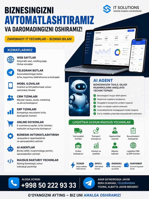 Web Sayt Telegram Bot Mobil Ilova CRM ERP Xizmatlari