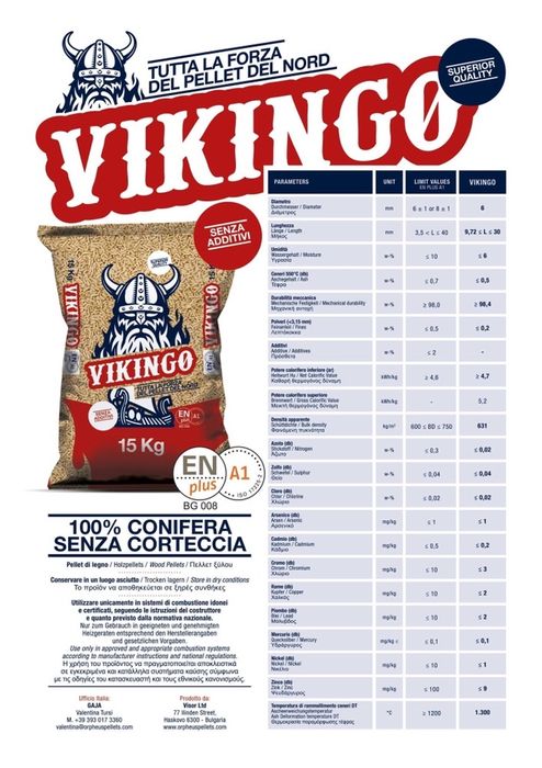 ПЕЛЕТИ "VIKINGO"  100% Бял бор ENPlus A1  качество за износ