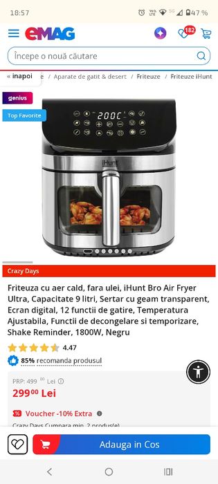 Friteuza cu aer cald, fara ulei, iHunt Bro Air Fryer Ultra, Capacitate 9 litri Sertar cu geam transparent  Ecran digital  12 functii de gatire