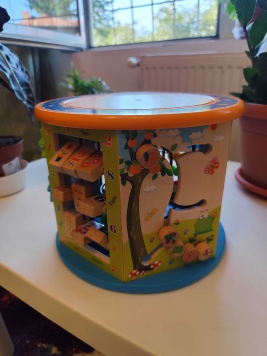Cub activitati educative copii PROCART, 8 in 1, ceas, labirinturi, abac, forme geometrice, lemn, 1 an +, multicolor