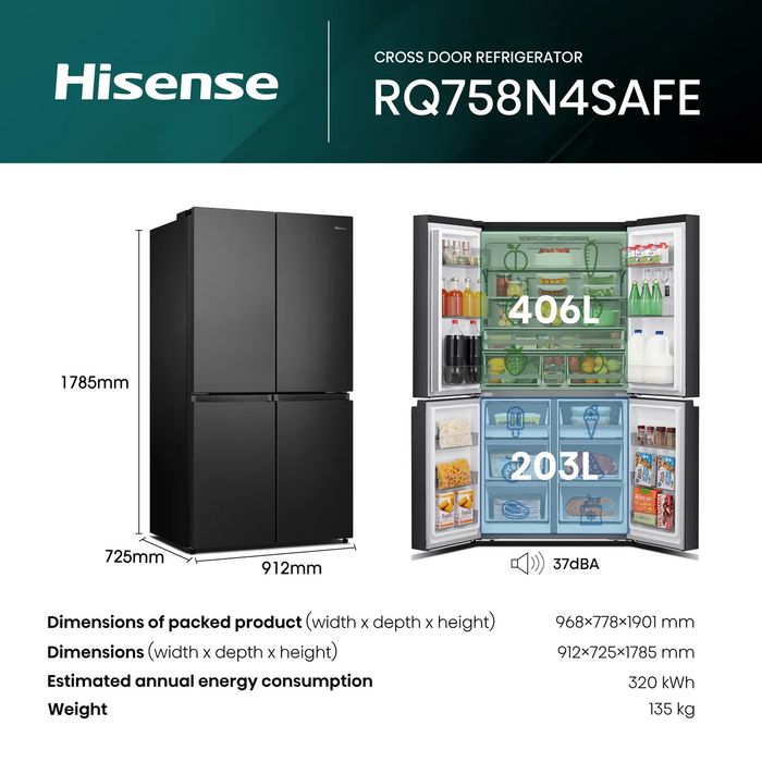 Нов инверторен side by side french door хладилник с фризер   Hisense RQ758N4SAFE  609 литра Total No Frost