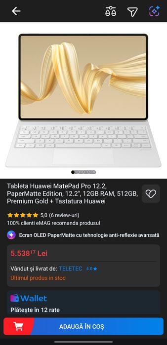 Tableta Huawei MatePad Pro 12.2, PaperMatte Edition, 12.2", 12GB RAM, 512GB, Premium Gold + Tastatura Huawei