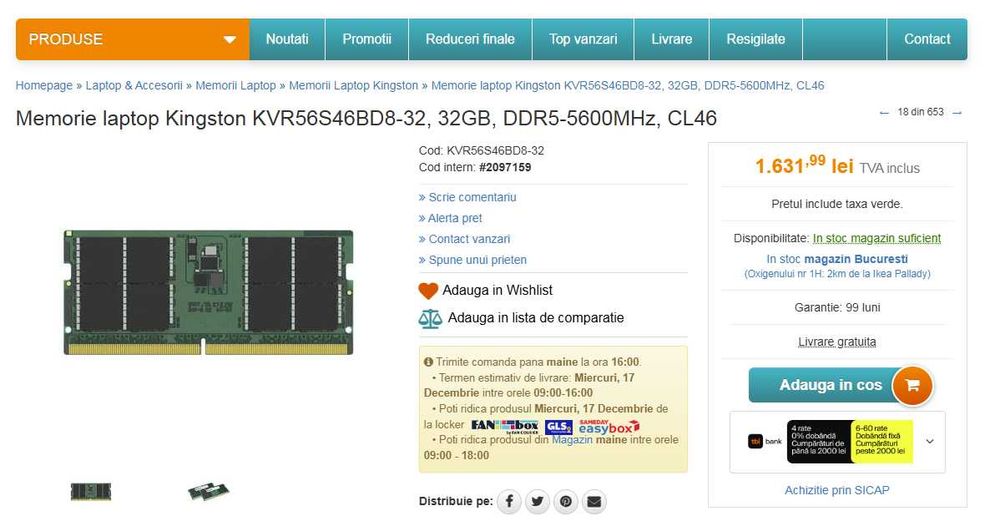 Memorie laptop Kingston KVR56S46BD8-32, 32GB, DDR5-5600MHz, CL46