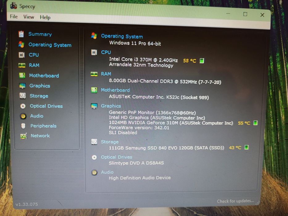 Laptop 15.6" ASUS K52JC Intel Core i3-370M 2.4GHz 8GB DDR3 120GB SSD