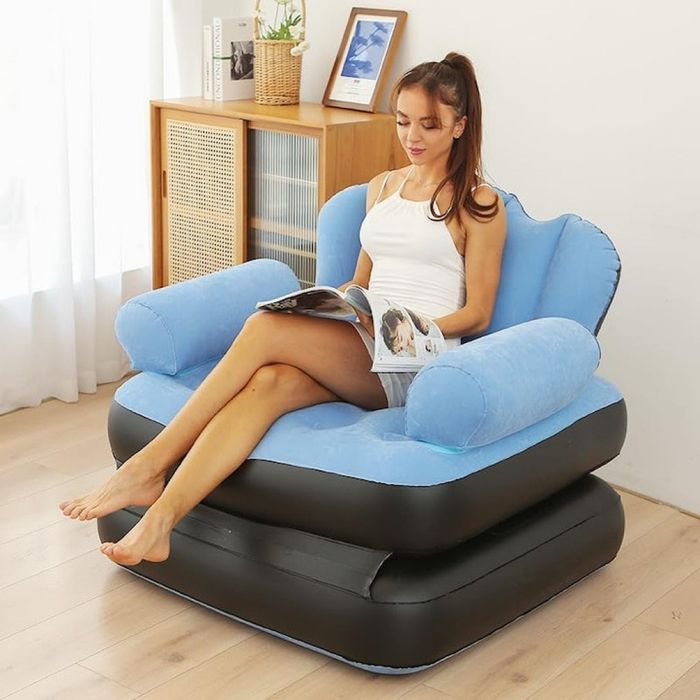 Надуваем разтегателен син фотьойл SuperSofa 5-в-1: Легло, шезлонг и диван в едно
