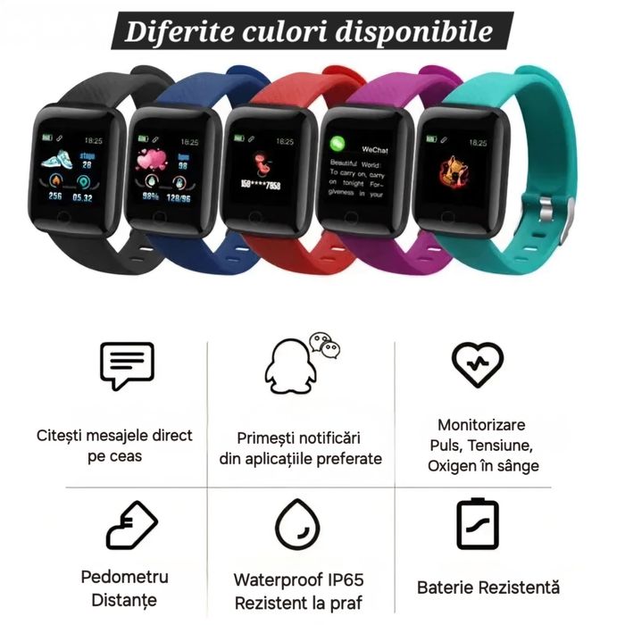 Ceas Smart Apel/Mesaj. Puls/Tensiune. Sport: Distanțe/Calorii. Foto.