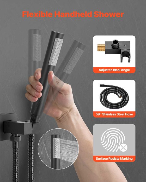 Set baterie dus incastrat cu para ploaie patrata 25,4 cm si dus de mana, brat 40,6 cm, corp alama, negru mat