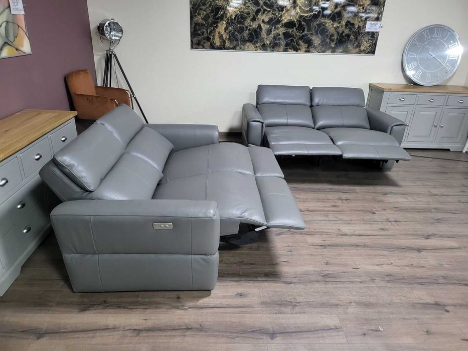 Сив кожен комплект дивани две двойки с електрически релакс механизъм
