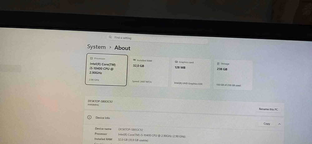 PC i5 10400 series 16GB of ddr4, 250gb nvme SSD. + monitor, keyboard and mouse. компютър, монитор, мишка и клавиатура.