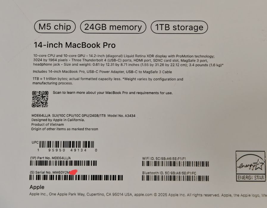 MacBook Pro 14 M5 24/1TB 10 циклов