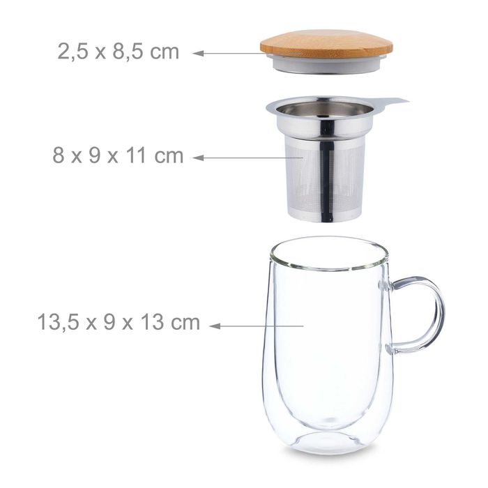 Cana din Sticla cu Infuzor si Capac din Bambus 430 ml cu Perete Dublu