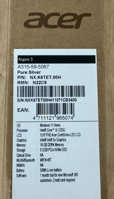 Laptop Acer Aspire 3 15.6” i5-1235U 16GB 512GB Pure Silver Nou Sigilat