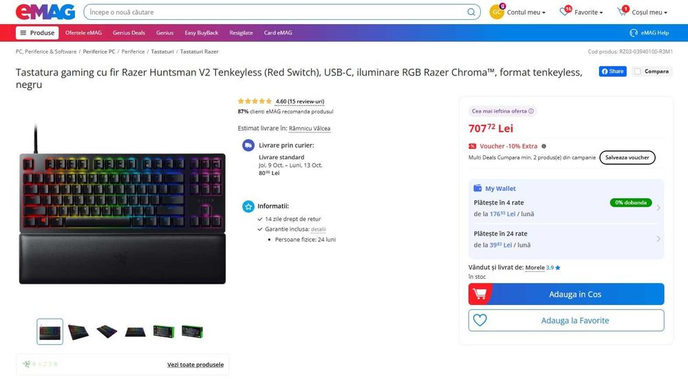 Tastatura mecanica Razer Huntsman V2 TKL Pro Gaming - PRODUS NOU -