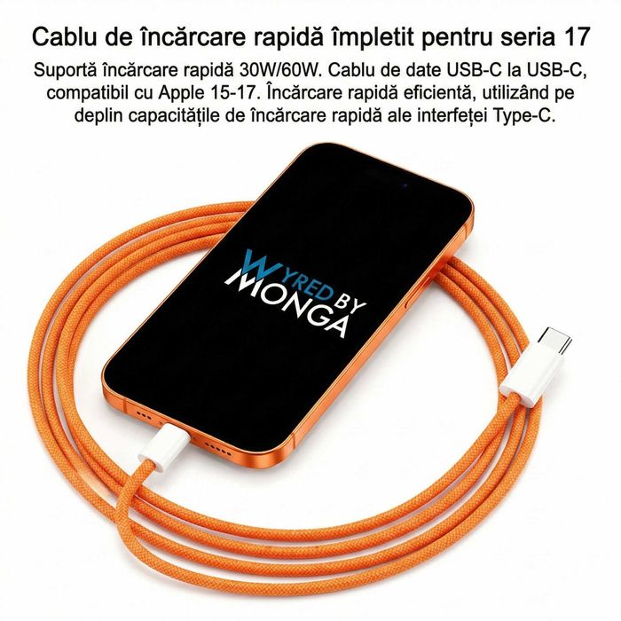 Cablu USB-C la USB-C 60W, Wyred by Monga, 1m, Împletit, Portocaliu NOU