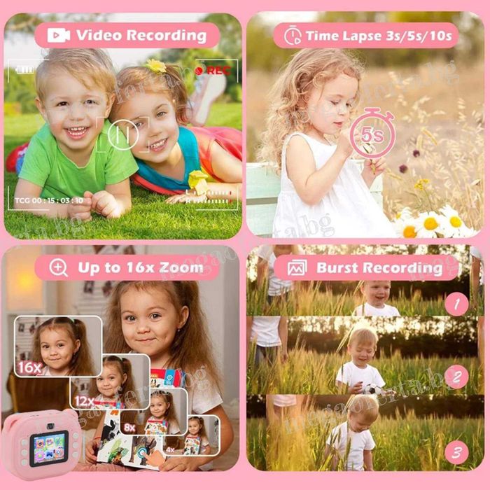Детски фотоапарат/камера с принтер, селфи, рамки и игри