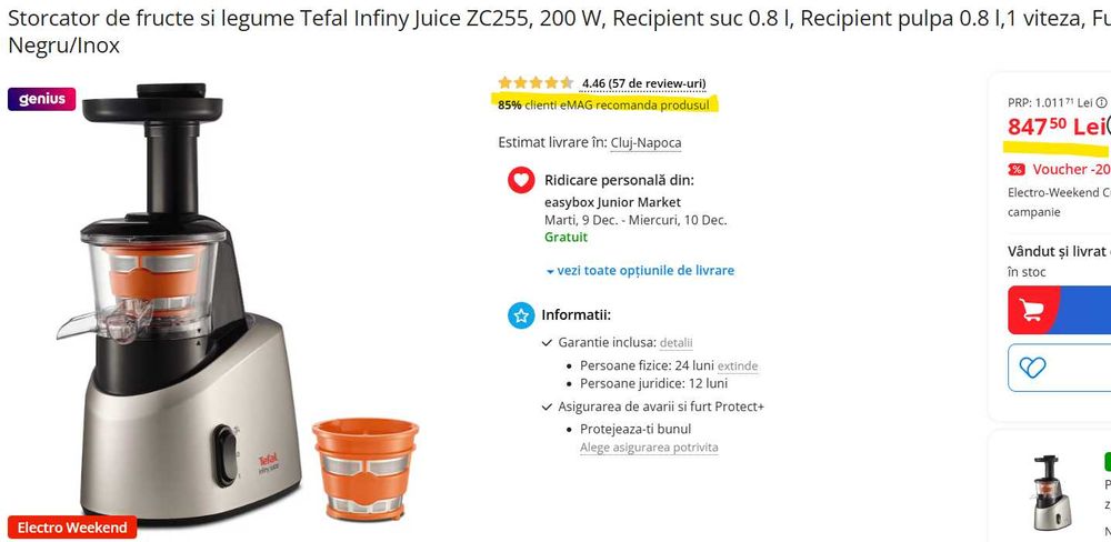 Storcator de fructe si legume Tefal cu melc/"presare la rece" ca nou!