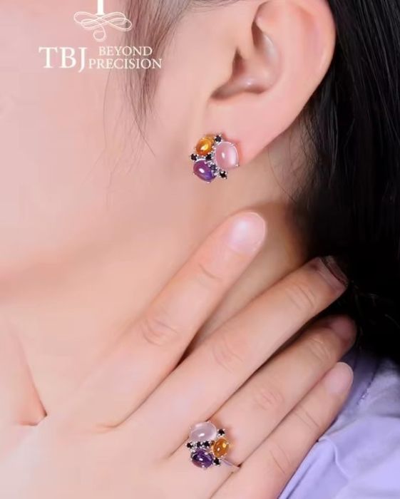 Сребърен комплект от естетствен розов кварц,аметист и цитрин