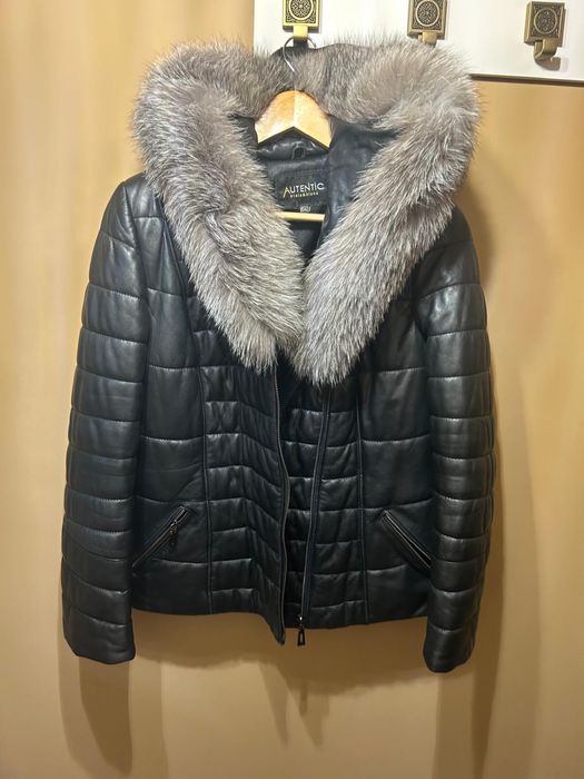 Geaca piele naturala cu guler din vulpe argintie marime 5xl bust 110