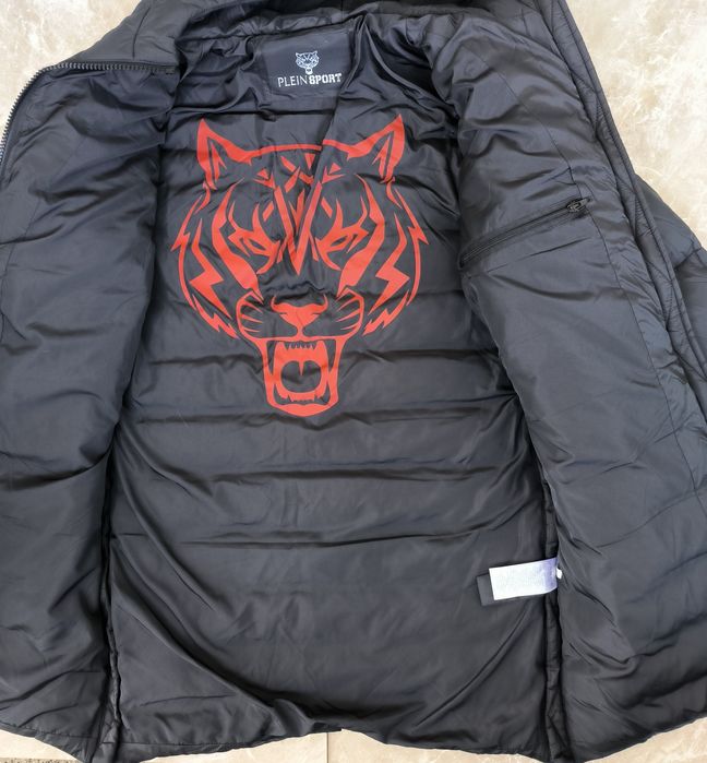 Plein Sport Padded Small Circular Logo Branded Grey Long Jacket