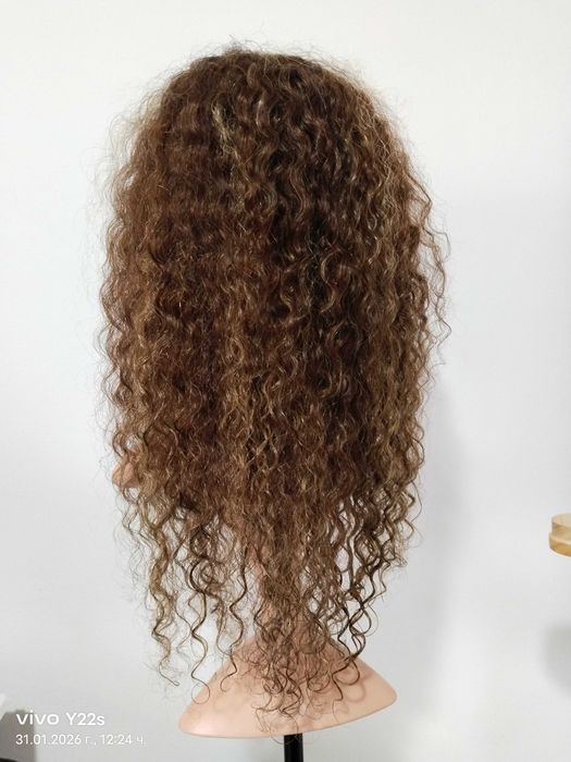 Естествена афро къдрава перука - кафява с руси кичури / 13x4 Lace