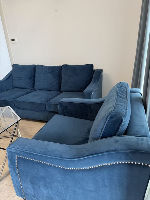 Canapea 3 locuri + fotoliu, catifea bleumarin – set complet