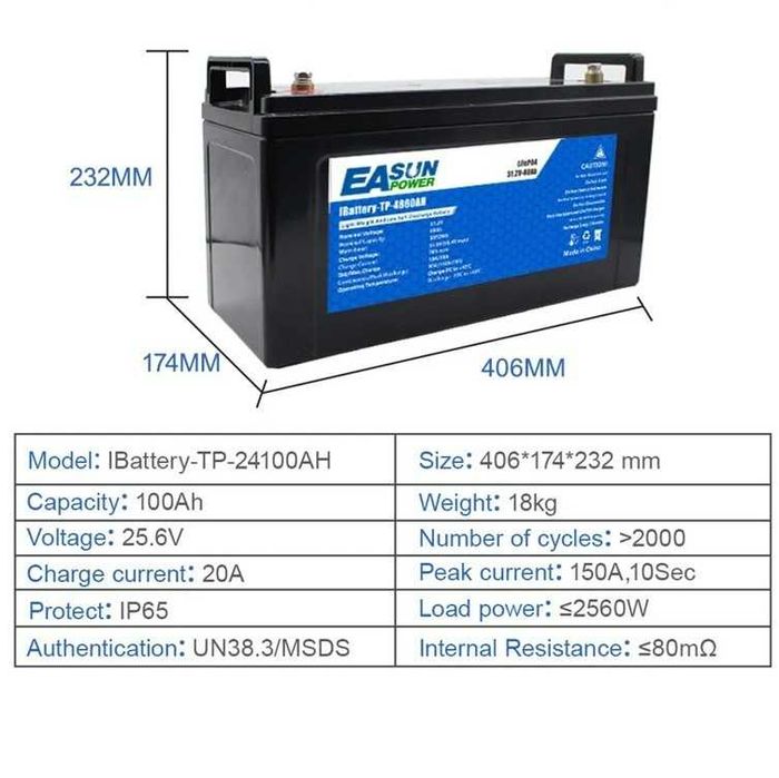 Baterie Easun LiFePO4, capacitate 24V,100 Ah, protectie IP65, 24 V-100