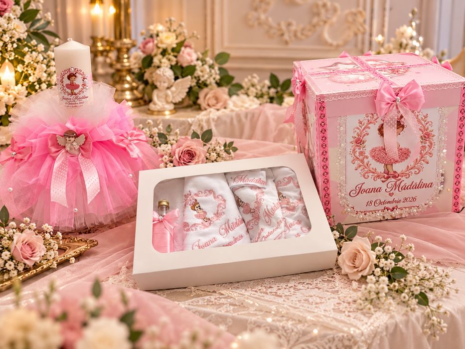 Set trusou botez ,cutie hainute si lumanare