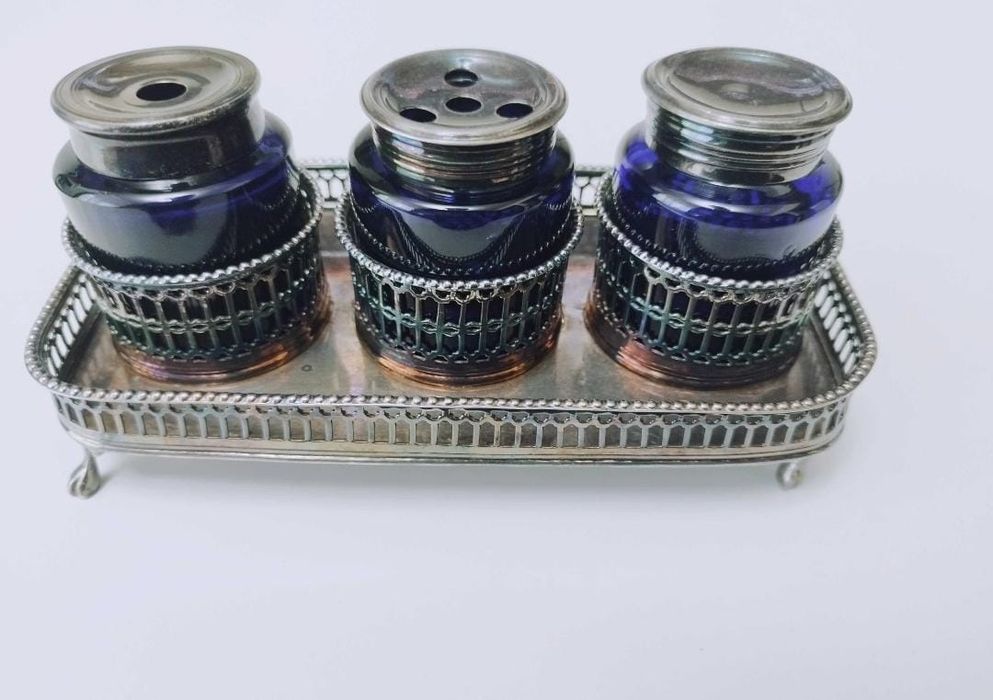 Veche calimara birou Sheffield, anii 1800, placata cu argint, cobalt
