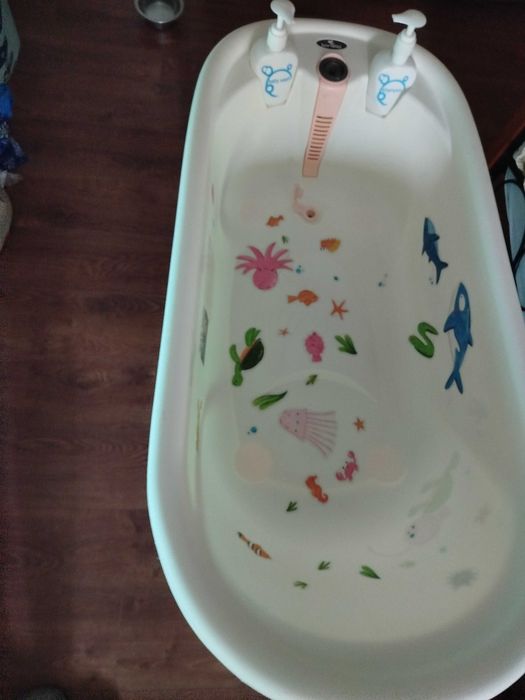 Комплект за къпане Lorelli - Вана с оттичане, подложка, термометър и стойка, 88 cm, бяла