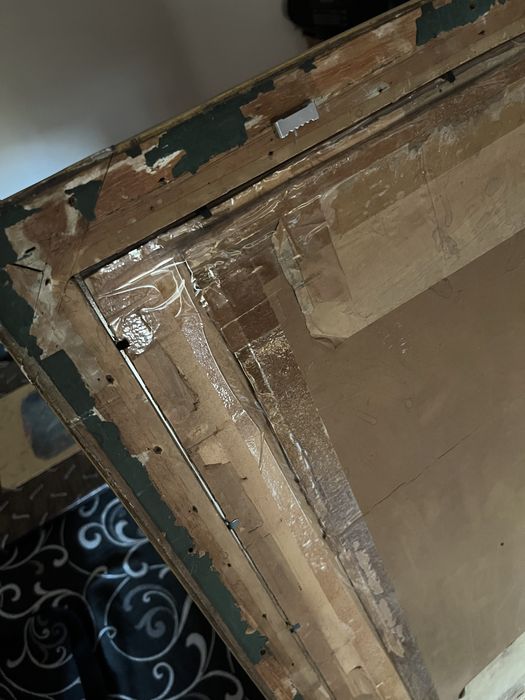 Антикварна картина на жена в бална синя рокля с ветрило в рамка стъкло