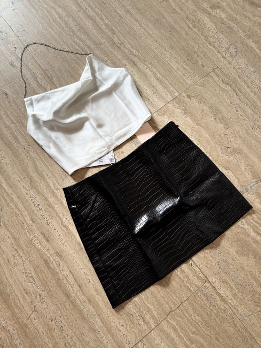 Дамски сет черна кожена пола Mango и бял сатенен топ