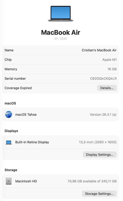Macbook Air M1 - 16GB RAM, SSD 256GB