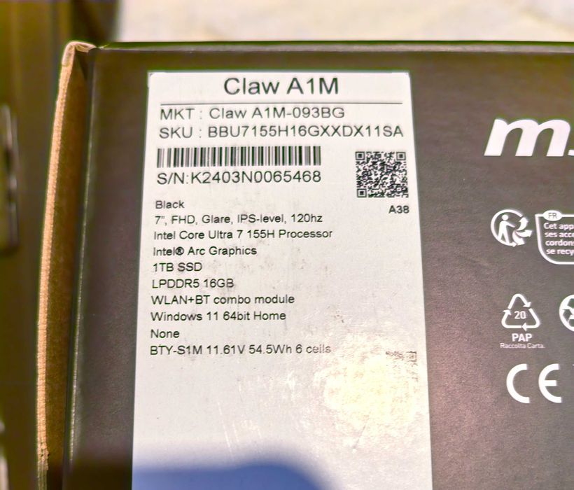 MSI Claw A1M Ultra 7, 1TB, 16GB DDR5 гейминг конзола с Гаранция