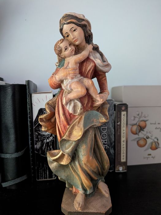 Statuetă Lemn sculptată și pictată manual, Fecioara Maria și Pruncul Iisus